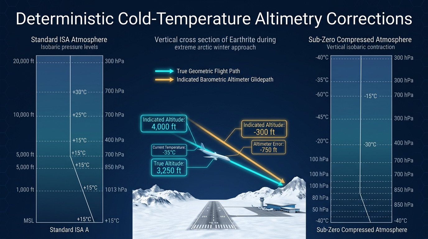 Vertical atmospheric cross-section demonstrating standard atmosphere vs. sub-zero compressed air column isobaric contraction and true geometric flight path steepening